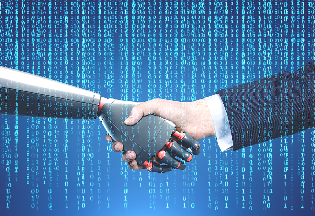 Close up of a businessman in a suit and a robot shaking hands. Blue digital background. Concept of innovation in business. Man and robot handshake, blue